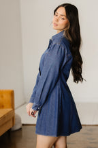 Ashleigh Blue Denim Shirt Collar Long Sleeve Flared Mini Dress