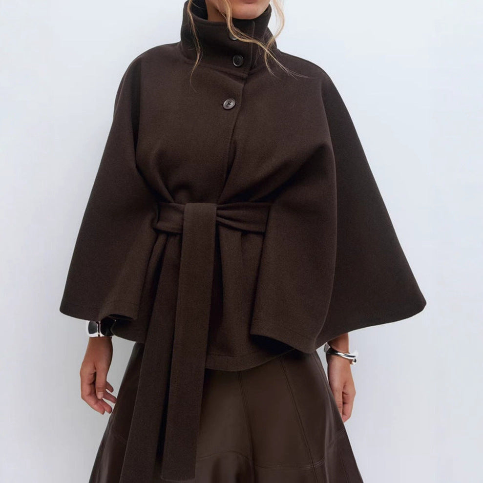 Elegant High Neck Batwing Sleeve Coat With Belt