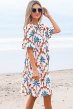 Orange Contrast Palm Tree Printed Short Sleeve Flowy Dress