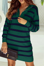 Green Striped O-ring Zip Collared Loose Sweater Mini Dress
