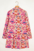 Red Fall Flower Print Long Sleeve Mini Dress