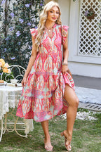 Rose Tribal Paisley Print Ruffled Sleeve Notch Neck Midi Dress