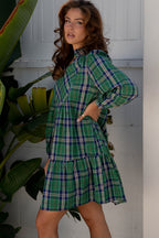 Green Plaid Print Frilly Collar Long Sleeve Shift Mini Dress