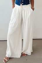 White Solid Drop Waist Pleated Wide Leg Casual Pants
