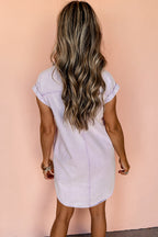 Orchid Petal Short Sleeve Double Chest Pocket Denim Shirt Dress