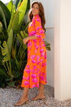 Orange Floral Print Frilly Smocked V Neck 3/4 Sleeve Long Dress