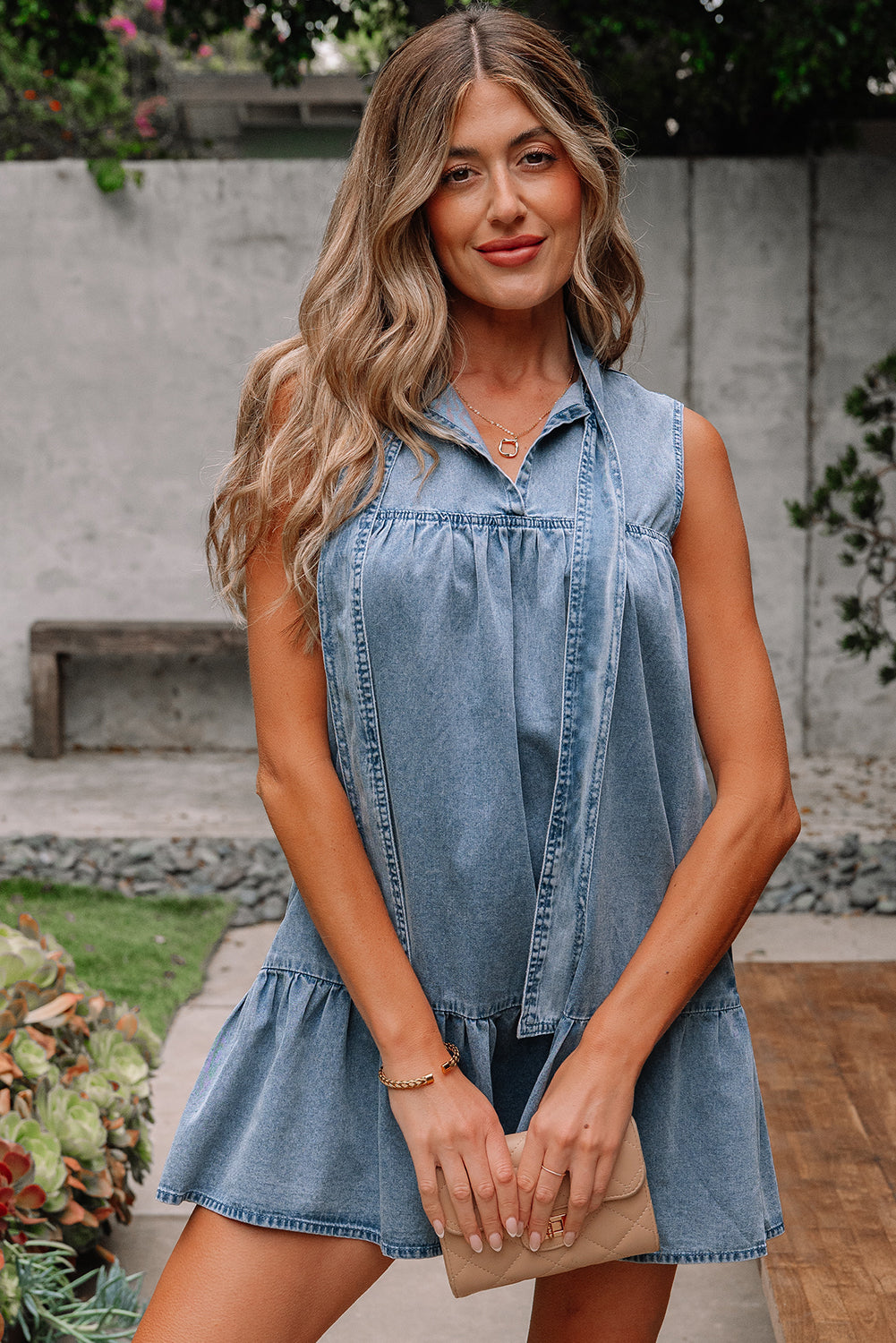 Beau Blue Bowknot Neck Sleeveless Ruffled Chambray Dress