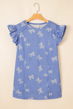 Sky Blue Bow Knot Print Crewneck Ruffled Sleeve Shift Mini Dress