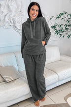 Medium Grey Fuzzy Drawstring Hoodie Lounge Pants 2pcs Set