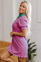 Pink Stripe Collared V Neck Puff Sleeve T Shirt Dress