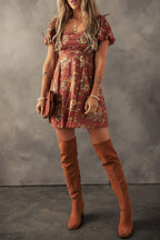 Red Floral Puff Sleeve Square Neck Knot Open Back Mini Dress