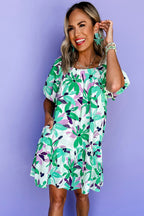 Green Floral Print Shirred Square Neck Loose Fit Mini Dress