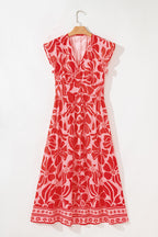 Red Boho Floral Short Sleeve V Neck Buttoned Shirred Waist Long Dress