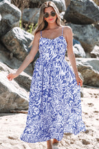 Sky Blue Floral Print Spaghetti Strap High Waist Maxi Dress