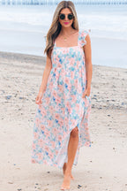 Pink Floral Print Square Neck Backless Long Dress with Slit
