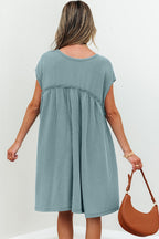 Canton Corded Knit Textured Patched Pocket Frilled Swing Mini Dress with Pockets