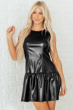 Black Faux Leather Ruffle Hem Sleeveless Mini Dress