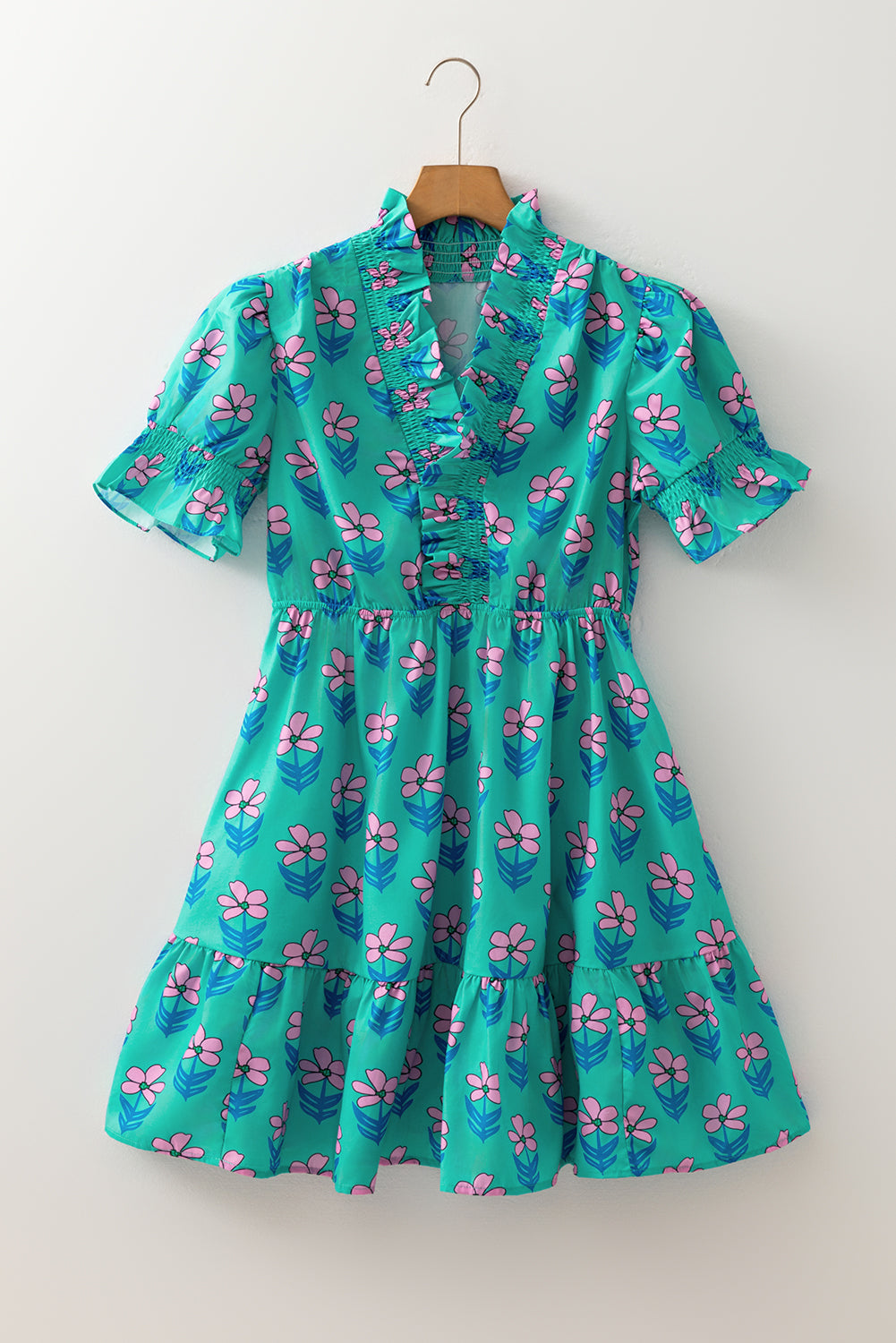 Green Floral Print Frilly Smocked Detail High Waist Mini Dress