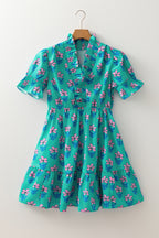 Green Floral Print Frilly Smocked Detail High Waist Mini Dress