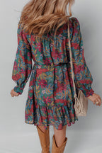 Green Floral Friled V Neck Puff Sleeve Ruffled Shirt Dress