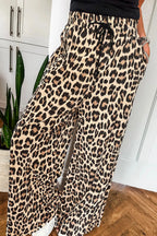 Parchment Leopard Drawstring Elastic Waistband Flowy Wide Leg Pants