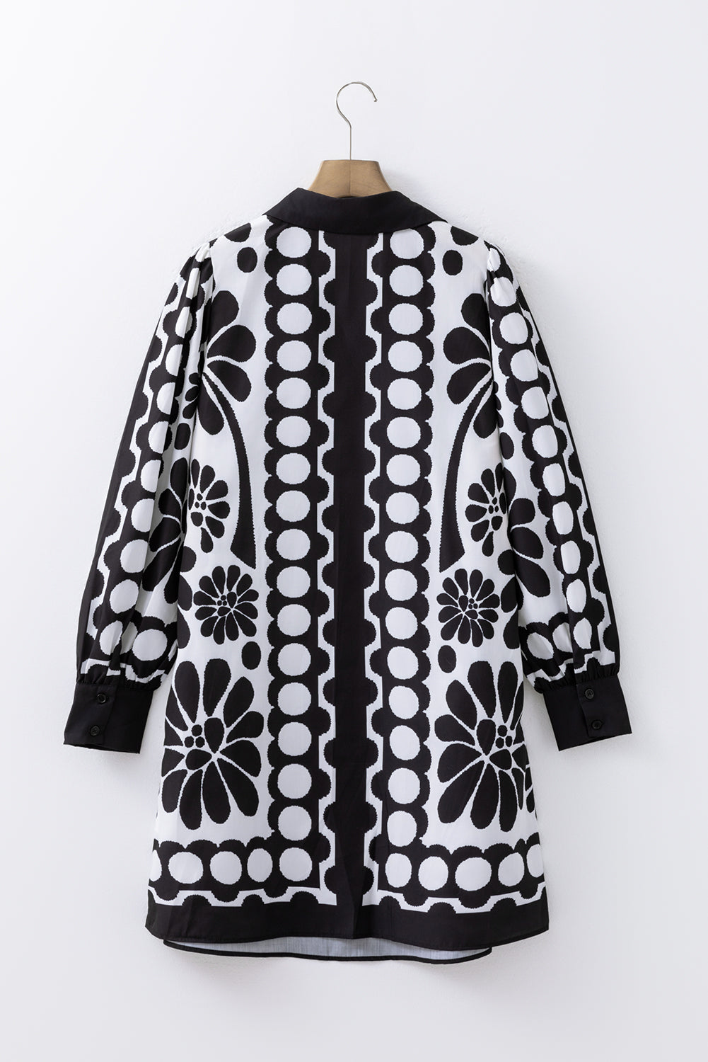 Black Polka Dot Floral Printed V Neck Long Sleeve Shift Mini Dress