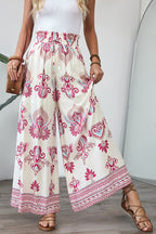 Rose Boho Printed Shirred High Waist Flowy Wide Leg Pants