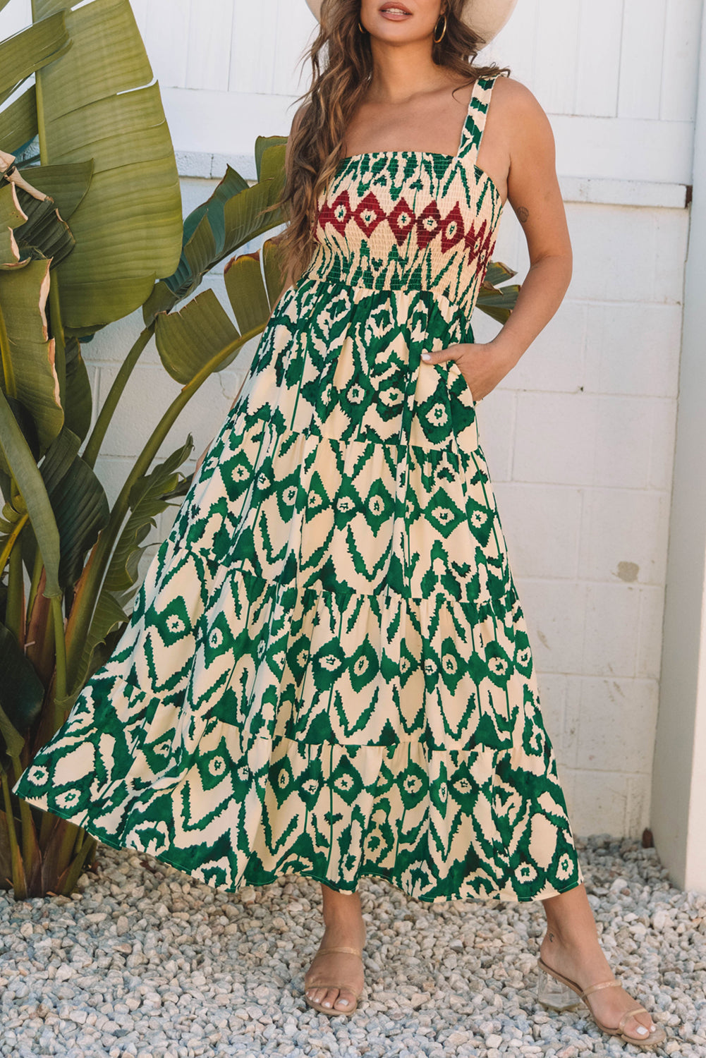 Green Western Aztec Shirred A-line Sleeveless Maxi Dress