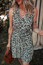 Green Boho Floral Print V Neck Tunic Sleeveless Dress