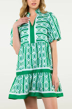 Bright Green Abstract Patterned V Neck Puff Short Sleeve Mini Dress