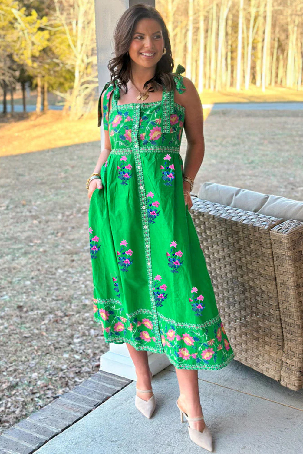 Green Floral Print Contrast Trim Knotted Straps Midi Dress
