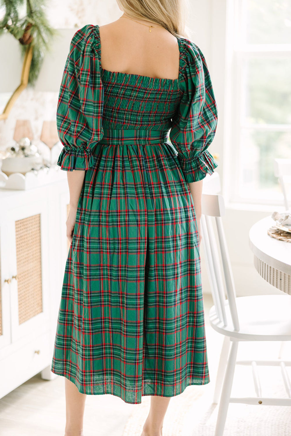Red Tartan Plaid Square Neck Puff Sleeve Knot Waist Flared Midi Dress