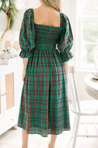 Red Tartan Plaid Square Neck Puff Sleeve Knot Waist Flared Midi Dress