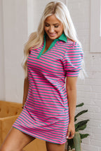 Pink Stripe Collared V Neck Puff Sleeve T Shirt Dress