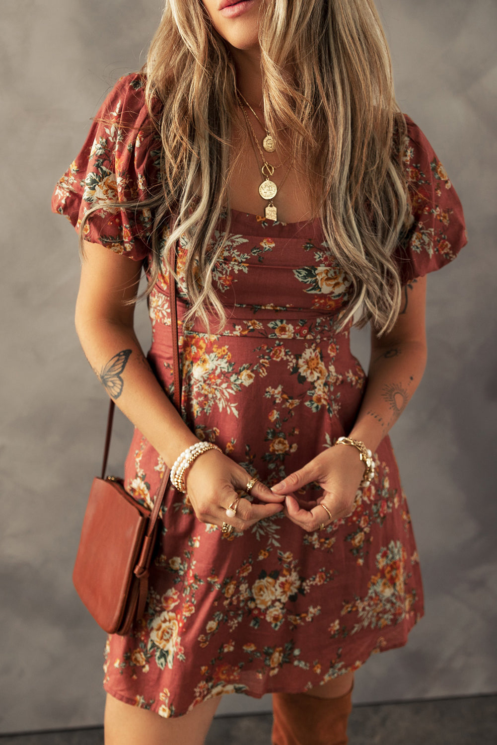 Red Floral Puff Sleeve Square Neck Knot Open Back Mini Dress