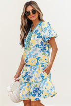 Blue Floral Striped Trim Puff Short Sleeve Dress