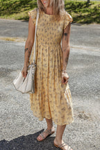 Yellow Boho Floral Print Ruffle Smocked Flowy Summer Dress