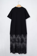 Black Floral Patchwork Short Sleeve T Shirt Loose Maxi Dress