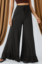 Black Ruffled Wide Leg Pull On High Waist Pants with Pockets