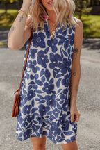 Blue Floral Sleeveless Colorblock Notched V Neck Mini Dress