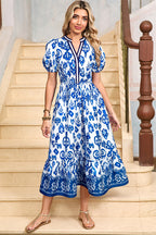 Sky Blue Floral Puff Short Sleeve V Neck High Waist Maxi Dress