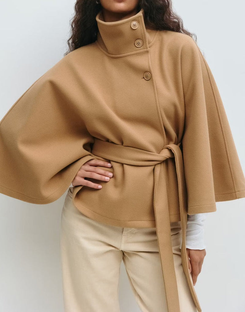 Elegant High Neck Batwing Sleeve Coat With Belt
