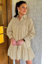 Brown Stripe Collared Neck Cuffed Long Sleeve Drop Waist Mini Dress