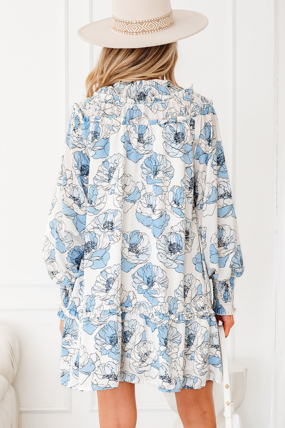 Sky Blue Floral Print Tie Neck Long Sleeve Flowy Mini Dress