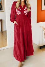 Racing Red Contrast Embroidered Detail Cinched Waist Tiered Long Sleeve Maxi Dress