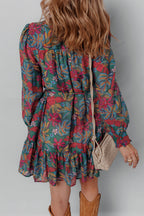Green Floral Friled V Neck Puff Sleeve Ruffled Shirt Dress