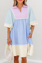 Multicolour Striped Patchwork Ric Rac Puff Sleeve Collared Mini Dress