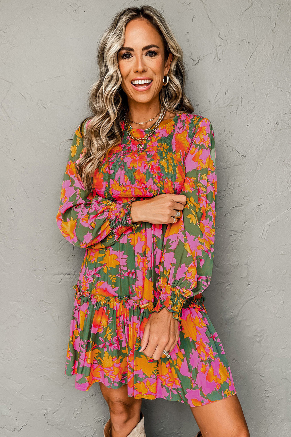 Multicolour Floral Print Long Sleeve Smocked Ruffled Mini Dress