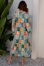 Sky Blue Mix Floral Checkered Pattern Bubble Sleeve Ruffle Hem Dress