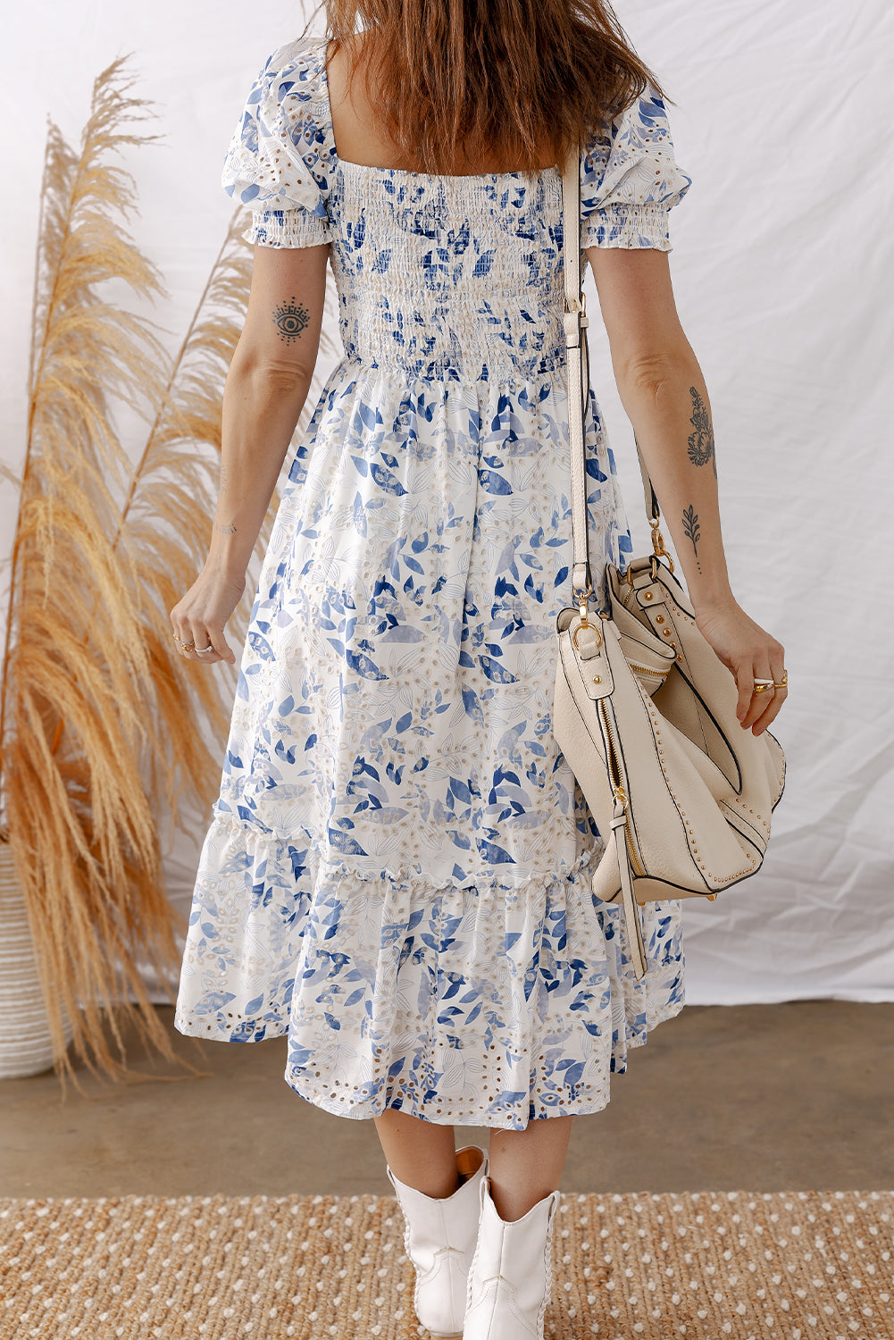 Sky Blue Smocked Bodice Short Puff Sleeve Tiered Floral Midi Dress